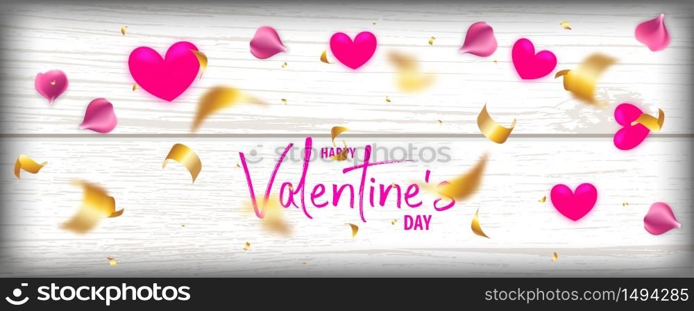 Valentines Day wood 3d vector background. Wooden light texture, red heart with golden serpentine confetti rose petal and hearts. Top view realistic design.. Valentines Day wood 3d vector background
