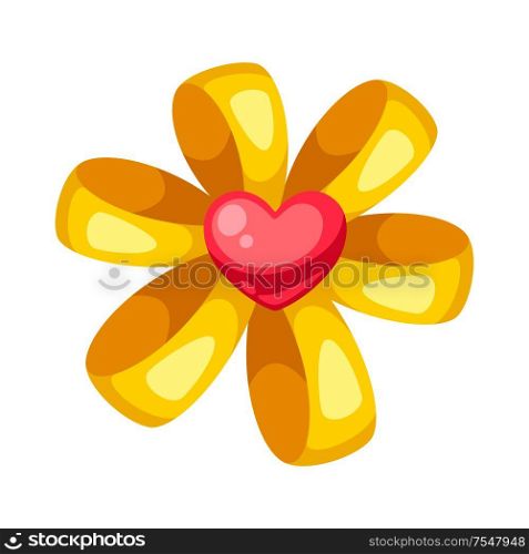 Valentines Day yellow shiny bow with heart. Illustrations in cartoon style.. Valentines Day yellow shiny bow with heart.