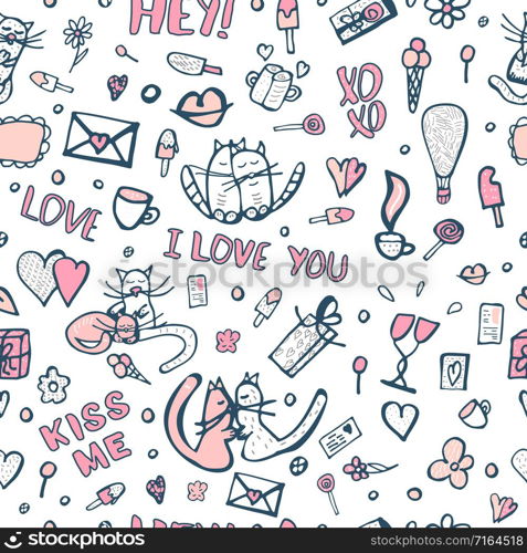 Valentines elements seamless pattern. Background with cute cats and love objects in doodle style.