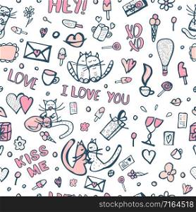 Valentines elements seamless pattern. Background with cute cats and love objects in doodle style.