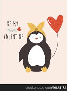 Valentines greeting card with lovely penguin and balloon. Funny animal character design.. Valentines greeting card with lovely penguin. Funny animal character design