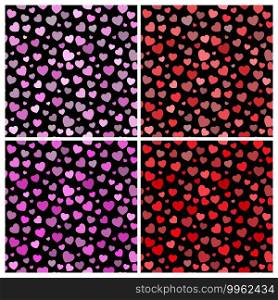 Valentines heart background. Lovely seamless pattern set with heart shapes on black background. Vector backdrop in eps 10 format.