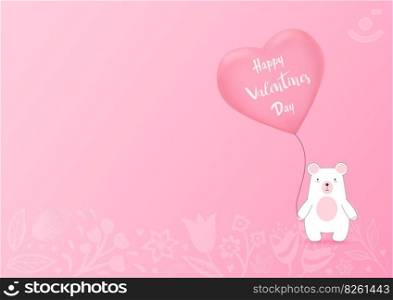 Valentines heart balloon with bear on pink background. Valentine’s day cute background. Vector illustration.