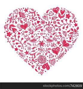 Valentines heart with birds,flowers and other elements on white background.Vector illustration.. Pink Valentines heart