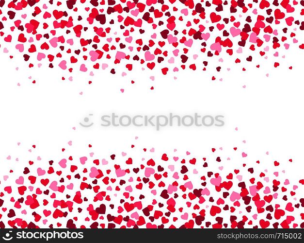 Valentines hearts confetti. Heart splash, valentine day frame border and love card. Glamour wedding fall confetti heart decorating or pink romantic february 14 card vector background. Valentines hearts confetti. Heart splash, valentine day frame border and love card vector background