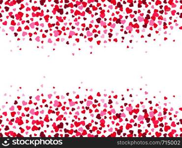 Valentines hearts confetti. Heart splash, valentine day frame border and love card. Glamour wedding fall confetti heart decorating or pink romantic february 14 card vector background. Valentines hearts confetti. Heart splash, valentine day frame border and love card vector background
