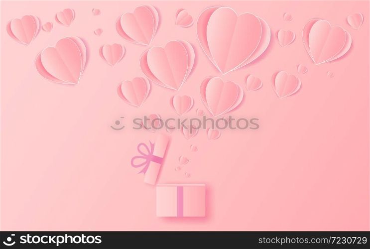 Valentines hearts with gift box paper on vector abstract background