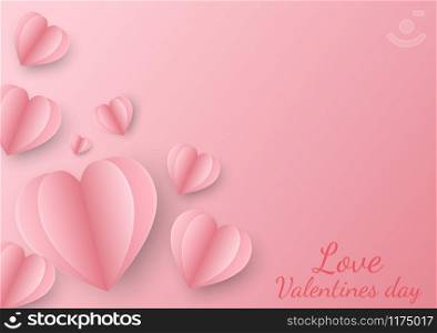 Valentines hearts with gift box postcard. Paper flying elements on pink background. Vector illustration