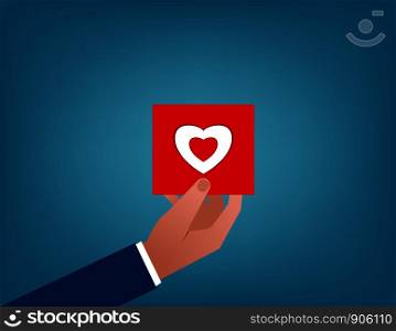 Valentines. Holding red heart card. Concept business illustration. Vector flat