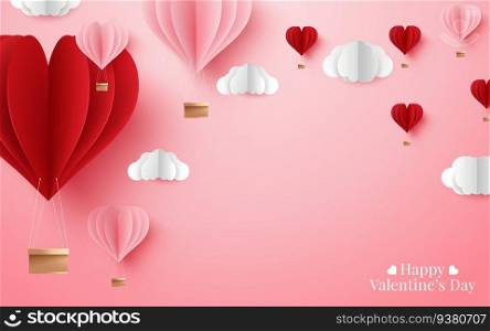 Valentines of paper craft design, contain pink hearts and clouds. Vector illustration
