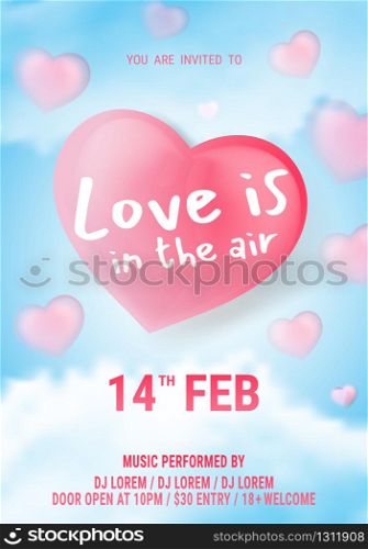Valentines pink heart balloons vector poster design with floating love is in the air text typography in blue sky background for valentines day.