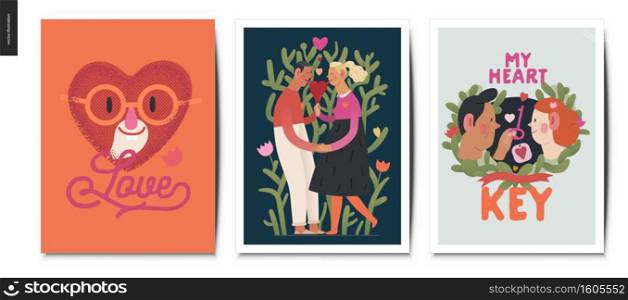 Valentines postcards -Valentines day graphics. Modern flat vector concept illustration - greeting cards - a young couple holding their hands licking a heart shaped ice cream, a happy heart in love. Valentines postcards - Valentine graphics