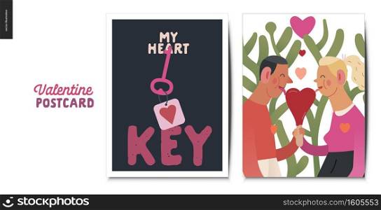 Valentines postcards -Valentines day graphics. Modern flat vector concept illustration - greeting cards - heart key and a young couple in love licking heart shaped ice cream. Valentines postcards - Valentine graphics
