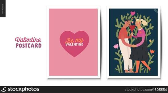 Valentines postcards -Valentines day graphics. Modern flat vector concept illustration - greeting cards - a heart with lettering, a young couple holding their hands licking a heart shaped ice cream. Valentines postcards - Valentine graphics