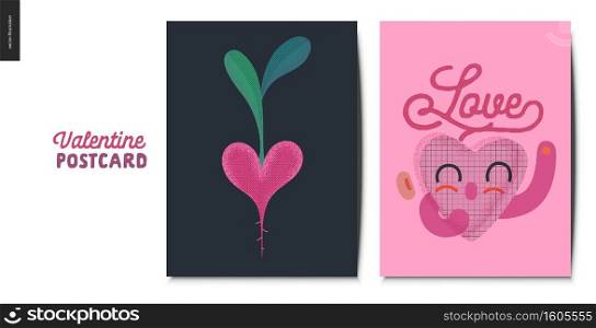 Valentines postcards -Valentines day graphics. Modern flat vector concept illustration - greeting cards - smiling heart, lettering and heart shaped ,beet. Valentines postcards - Valentine graphics