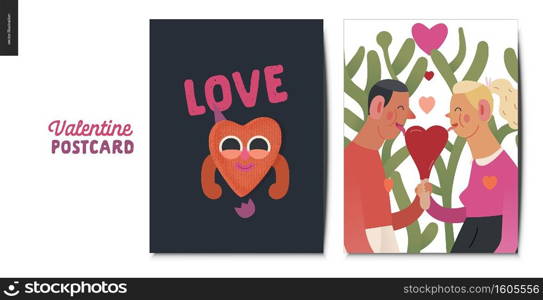 Valentines postcards -Valentines day graphics. Modern flat vector concept illustration - greeting cards - a young couple holding their hands licking a heart shaped ice cream, a happy heart in love. Valentines postcards - Valentine graphics