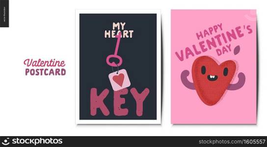 Valentines postcards -Valentines day graphics. Modern flat vector concept illustration - greeting cards - heart key and happy heart in love. Valentines postcards - Valentine graphics