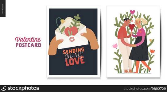 Valentines postcards -Valentines day graphics. Modern flat vector concept illustration - greeting cards - envelope with a heart, flower and plants inside. Young couple with heart shaped ice cream. Valentines postcards - Valentine graphics