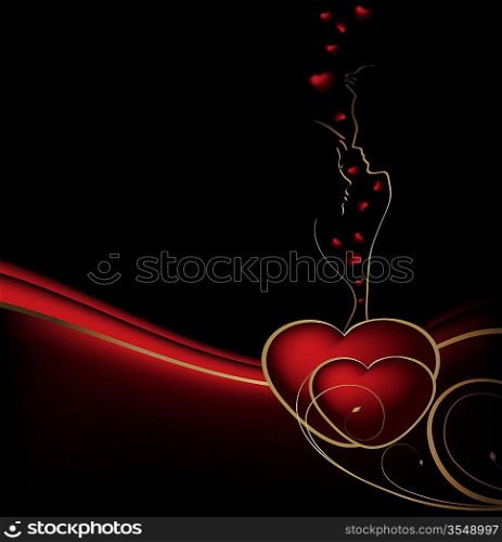 Valentines red and gold vector background with hearts and lovers