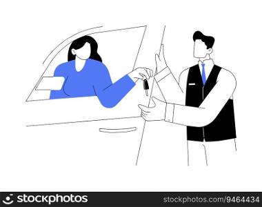 Valet parking service abstract concept vector illustration. Hotel valet receives keys from the clients car, professional people, hospitality business, travel service abstract metaphor.. Valet parking service abstract concept vector illustration.