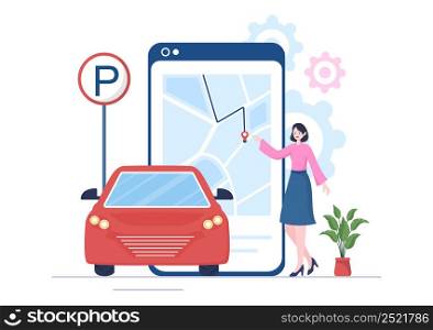 Valet Parking with Ticket Image and Multiple Cars on Public Car Park in Flat Background Cartoon Illustration