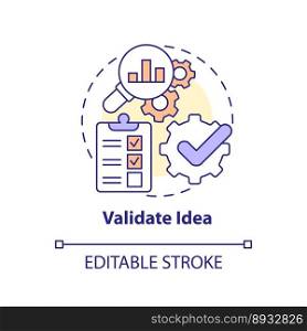Validate idea concept icon. Analysis market. Become affiliate merchant abstract idea thin line illustration. Isolated outline drawing. Editable stroke. Arial, Myriad Pro-Bold fonts used. Validate idea concept icon