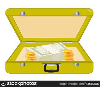 Valise with money. Open valise with money on white background is insulated