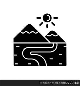 Valley black glyph icon. Lowland. Elongate low landform. Area between hills and mountains. Land surface depression. Drained river basin. Silhouette symbol on white space. Vector isolated illustration. Valley black glyph icon