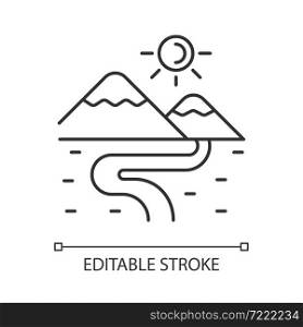 Valley linear icon. Lowland. Long low landform. Area between hills and mountains. Land depression. Thin line customizable illustration. Contour symbol. Vector isolated outline drawing. Editable stroke. Valley linear icon