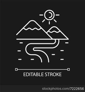 Valley white linear icon for dark theme. Lowland. Elongate low landform. Area between mountains. Thin line customizable illustration. Isolated vector contour symbol for night mode. Editable stroke. Valley white linear icon for dark theme
