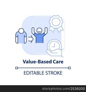 Value based care light blue concept icon. Patient healing practice. Behavioral trend abstract idea thin line illustration. Isolated outline drawing. Editable stroke. Arial, Myriad Pro-Bold fonts used. Value based care light blue concept icon
