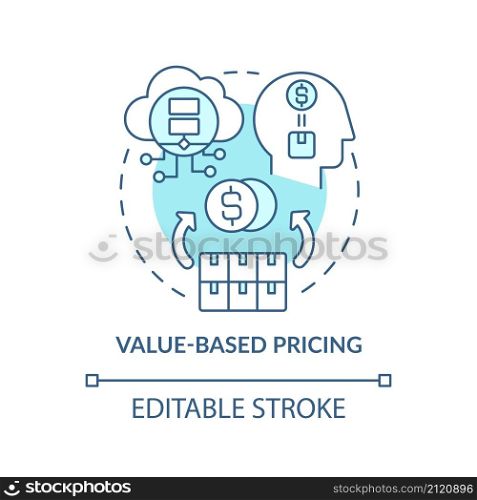 Value-based pricing turquoise concept icon. Strengthening brand name abstract idea thin line illustration. Isolated outline drawing. Editable stroke. Roboto-Medium, Myriad Pro-Bold fonts used. Value-based pricing turquoise concept icon