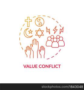Value conflict red gradient concept icon. Disagreement about personal beliefs and religion. Conflict management abstract idea thin line illustration. Vector isolated outline color drawing. Value conflict red gradient concept icon