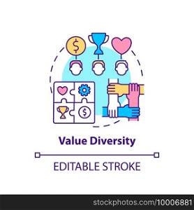 Value diversity concept icon. Top management diversity types. Differences between people. Multicultural idea thin line illustration. Vector isolated outline RGB color drawing. Editable stroke. Value diversity concept icon