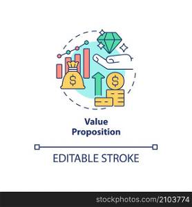Value proposition concept icon. Company budgeting method. Valued targets abstract idea thin line illustration. Isolated outline drawing. Editable stroke. Roboto-Medium, Myriad Pro-Bold fonts used. Value proposition concept icon