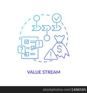 Value stream blue gradient icon. Steps and processes. Machine industry. Lean manufacturing key principle abstract idea thin line illustration. Isolated outline drawing. Myriad Pro-Bold font used. Value stream blue gradient icon