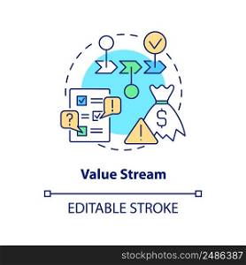 Value stream concept icon. Steps and processes. Lean manufacturing key principle abstract idea thin line illustration. Isolated outline drawing. Editable stroke. Arial, Myriad Pro-Bold fonts used. Value stream concept icon