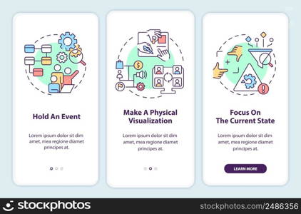 Value stream mapping best practices onboarding mobile app screen. Walkthrough 3 steps graphic instructions pages with linear concepts. UI, UX, GUI template. Myriad Pro-Bold, Regular fonts used. Value stream mapping best practices onboarding mobile app screen