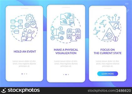 Value stream mapping blue gradient onboarding mobile app screen. Walkthrough 3 steps graphic instructions pages with linear concepts. UI, UX, GUI template. Myriad Pro-Bold, Regular fonts used. Value stream mapping blue gradient onboarding mobile app screen