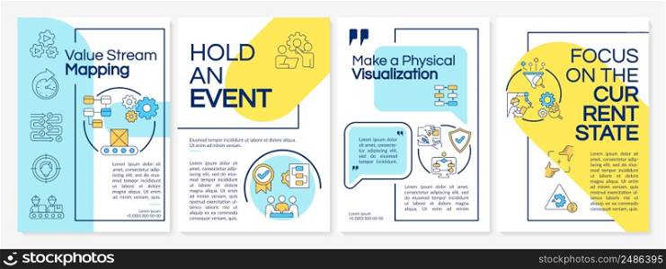 Value stream mapping yellow and blue brochure template. Lean manufacturing. Leaflet design with linear icons. 4 vector layouts for presentation, annual reports. Questrial, Lato-Regular fonts used. Value stream mapping yellow and blue brochure template