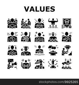 Values Human Life Collection Icons Set Vector. Love And Friendship, Health And Strength, Safety And Tranquility, Success And Power People Values Glyph Pictograms Black Illustrations. Values Human Life Collection Icons Set Vector