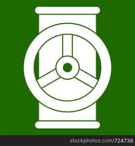 Valve icon white isolated on green background. Vector illustration. Valve icon green