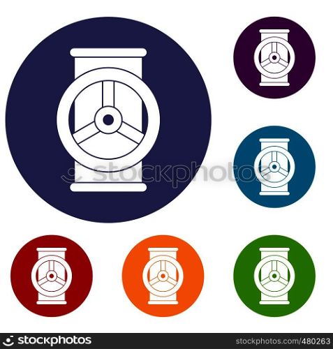 Valve icons set in flat circle red, blue and green color for web. Valve icons set