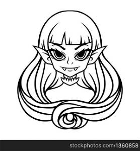 Vampire girl portrait. Halloween illustration for posters and stickers . Vector illustration isolated on white background. Outline, black and white drawing.