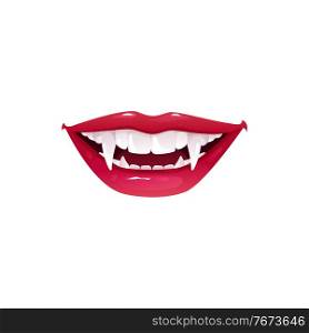 Vampire mouth with fangs vector icon. Cartoon smiling female red lips with long pointed teeth express happy emotion, laugh isolated on white background. Vampire mouth with fangs, smile lips vector icon