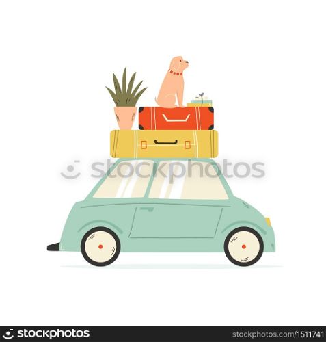 Van carrying suitcases, flowerpot and dog . Relocation, moving concept. Vector illustration. Van carrying suitcases, flowerpot and dog . Relocation, moving concept.