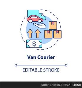 Van courier concept icon. Truck shipment. Starting delivery business abstract idea thin line illustration. Isolated outline drawing. Editable stroke. Roboto-Medium, Myriad Pro-Bold fonts used. Van courier concept icon