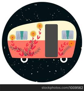 Van life cute camper with flowers decor. Round sticker in flat cartoon style. Symbol of free travel. Camper tourism. Adventure label. Vector illustration.. Van life cute camper with flowers decor