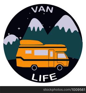Van life yellow camper with mountain background in round sticker flat cartoon style. Symbol of free travel. Camper tourism. Adventure label. Vector illustration.. Van life yellow camper with mountain background in round sticker