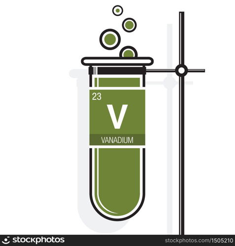 Vanadium symbol on label in a green test tube with holder. Element number 23 of the Periodic Table of the Elements - Chemistry